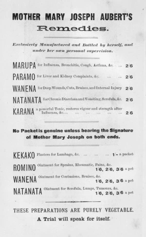 Mother Mary Joseph Aubert's remedies, exclusively manufactured and bottled by herself, and under her personal supervision. [1894].