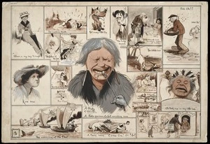 Lloyd, Trevor 1863-1937 :[Caricatures of New Zealand life. Our comic artist's impressions of the Auckland Society of Arts annual exhibition, May 1908]