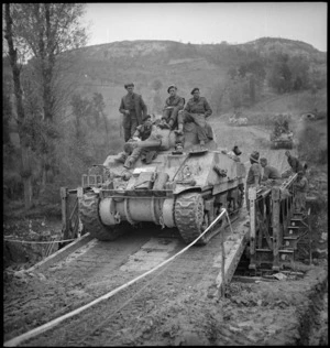 Army tank crossing the Sangro River, Italy