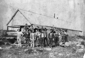 Men outside the Bowater and Bryan sawmill, Cape Foulwind