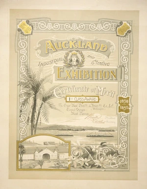 Young, H W, fl 1898-1901 :Auckland Industrial and Mining Exhibition. Certificate of merit. 1st class award to Gear Meat Pres[er]v[in]g & Freez[in]g Co. Ltd. H W Young des. Lithographed at the 'Star' Printing Works, Auckland, N.Z. 1898-1899.