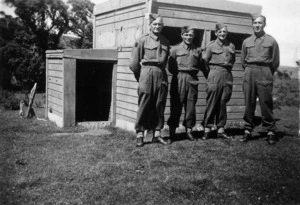 Soldiers in front of the coast watch lookout at Waitangi, Chatham Islands