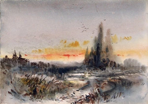 [Hodgkins, Isabel Jane] 1867-1950 :[Sunset landscape] [1880s?]