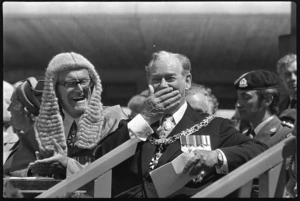 Photograph of Sir Keith Holyoake being sworn in as Governor-General by the Chief Justice, Sir Richard Wild