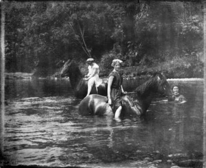 Alison Barraud, Ursula Elder and Eileen, swimming with horses, Waikanae River