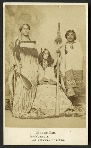 Heath, Vernon, 1819 or 1820-1895 :Portrait of Wiremu Pou, Ngahuia, and Hapimana Ngapiko