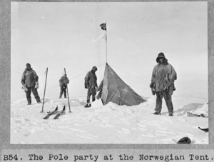 The pole party at the Norwegian tent, Antarctica - Photograph taken by Henry Robertson Bowers