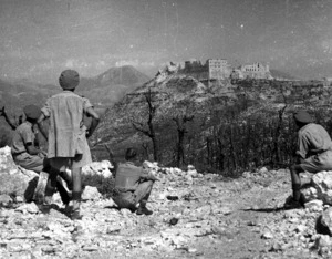 World War II soldiers looking towards the Cassino monastery in Italy