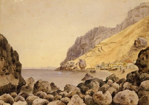 Smith, William Mein 1799-1869 :[Scene at Gibraltar, looking past a rocky foreshore to houses and boats by a beach. 1832]