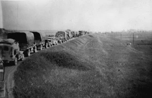 Convoy waiting to cross the Po River, Italy