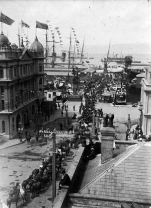 Horses and troops on Queens Wharf, Wellington, about to depart for the South African War
