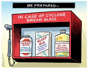 Be prepared. In case of cyclone break the glass. Anxiety Ease. Sleep Aid. Sunscreen