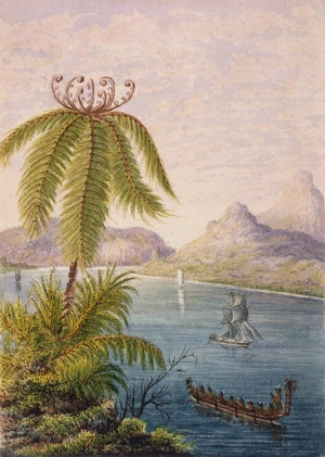 Gold, Charles Emilius, 1809-1871 :[Tree fern overlooking harbour with sailing ship and Maori canoe. Between 1847 and 1860]
