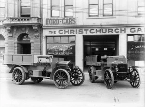 Two Albion trucks outside the business of Henry R Ranger, car dealer, Christchurch