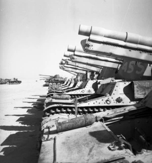 Row of German mobile 105 mm guns at El Alamein during World War II