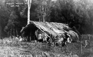 Radcliffe, Frederick George, 1863-1923: Unidentified group outside a whare on the Wanganui River