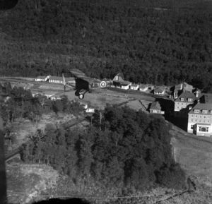 Hawker Hind biplane flying over the Chateau, Mount Ruapehu