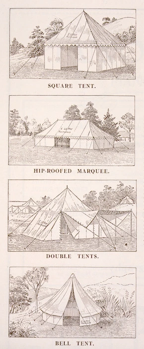 Tonson Garlick Co :[Tents]. Square tent; rib-roofed marquee; double tents; bell tent; striped lawn tent; rounded-end marquee; double-roofed health tent; tent and fly. [ca 1910].