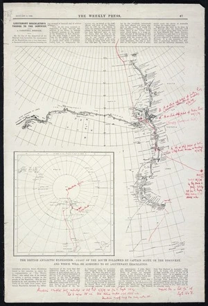 The British Antarctic Expedition : chart of the route followed by Captain Scott of the Discovery and which will be adhered to by Lieutenant Shackleton.
