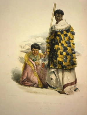 Angas, George French, 1822-1886 :Mungakahu, chief of Motupoi, and his wife, Ko Mari / George French Angas [delt]; J. W. Giles [lith]. Plate 27. 1847.