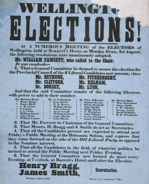 Wellington elections! At a numerous meeting ...the following resolutions were unanimously adopted...August 4, 1853.