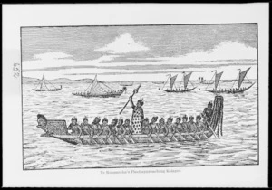 [Gibb, William Menzies] 1859-1931 :Te Rauparaha's fleet approaching Kaiapoi. [1829. Drawn in 1892 and redrawn in 1940]