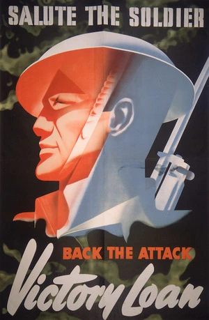 [Games, Abram], 1914-1996 :Salute the soldier, back the attack. Victory loan C.M. Banks Ltd, Offset, Wellington [1944].