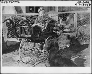 Unidentified child in a pram, with a dog nearby, location unidentified