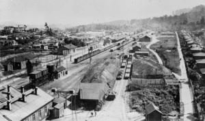 View of Ohakune, looking north, showing the railway station and railway yards