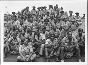 Soldiers of the Maori Battalion waiting on a quay at Alexandria, Egypt, to board transport for Italy