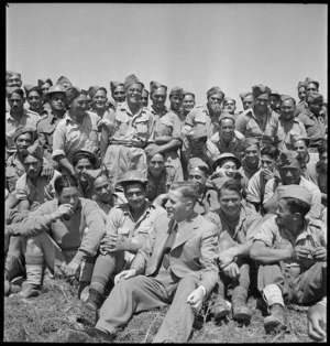 World War 2 soldiers of the Maori Battalion with New Zealand's Minister of Defence, Frederick Jones, Tunisia