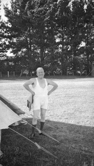 Soldier in swimming trunks at Waiouru Army Training Camp