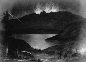 Photograph of a painting by an unknown artist depicting the 1886 eruption of Mt Tarawera