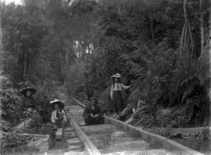 A group alongside Mr A W Roe's tramline, Rotorua district