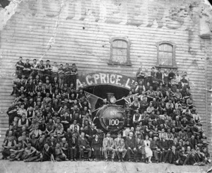 Hodsell, Mae :Staff of A & G Price Ltd with 100th New Zealand Railways locomotive produced by the company