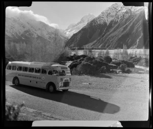 Mount Cook and Southern Lakes Tourist Company Ltd bus leaving the Hermitage, Mackenzie District, Canterbury Region