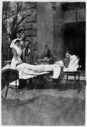 A nurse and patients at the hospital at Walton-on-Thames, England