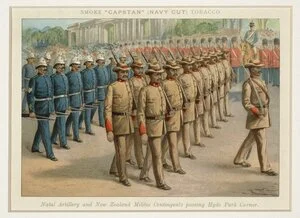 Artist unknown :Natal artillery and New Zealand militia contingents passing Hyde Park Corner [London? 1901?]