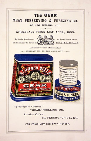 Gear Meat Preserving and Freezing Company Ltd :Wholesale price list, April 1899. [Cover].