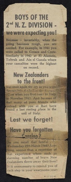 Boys of the 2nd N.Z. Division - we were expecting you! [German propaganda leaflet targeting New Zealand troops, dropped in Italy]. 370 /12 44 [1944]