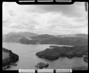 Green Lake (Lake Rotokakahi) western end with Punaruku Island, looking to Mt Tarawera beyond, Rotorua District, Bay of Plenty Region