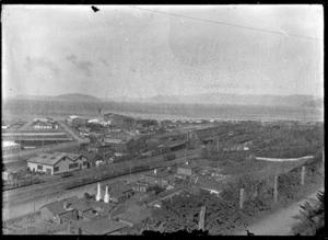 Petone Railway Workshops, with Wellington Harbour and Somes Island in the background, from Korokoro.