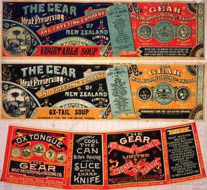 Gear Meat Company :[Three labels for Vegetable soup; Ox-tail soup; and, Cooked ox tongue]. Gear Meat Preserving & Freezing Company of New Zealand, Wellington New Zealand. [1890-1920].