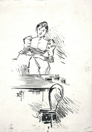 Hodgkins, Frances Mary 1869-1947 :Back to the humdrum life of a Dunedin shopgirl [illustration for] "How I became a farmer's wife" 1898