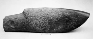Triangular adze from ancient native burial on Otororoa Ridge, Horowhenua dune-belt. Length 9 7/8 in; weight 3lb 1.5oz. The cutting edge is semicircular. 31 October 1937