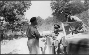 Brigadier Inglis greeting King George VI during the King's visit to New Zealand Division in Italy during World War II - Photograph taken by George Kaye