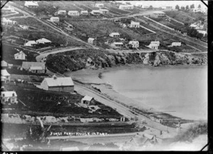 View of old Port Chalmers with Wickliffe Terrace curving around Mussel Bay.