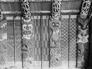 Hamilton, Augustus, 1853-1913 (Photographer) : Poupou, tukutuku and kowhaiwhai inside the porch at Te Tokanganui-a-Noho meeting house at Te Kuiti