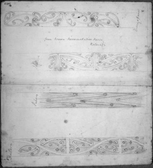 [Richmond, James Crowe] 1822-1898 :[Rafter patterns] from Arawa accommodation house, Rotoiti. 1868