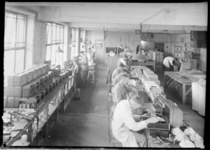 Female factory workers at benches, Philips Electrical Industries of New Zealand Ltd